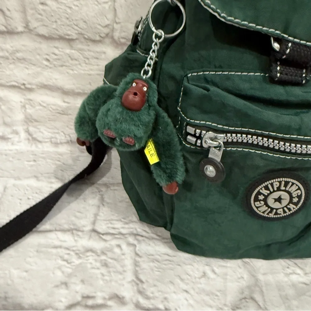 VINTAGE KIPLING MINI NYLON BACKPACK rare forest green with monkey attached - Picture 2 of 8